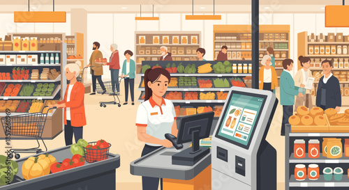 Woman Operating Checkout Counter in Supermarket.