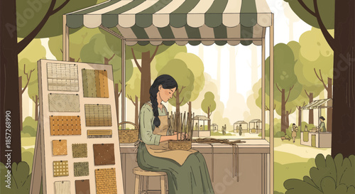 Woman Painting at Outdoor Art Stand.