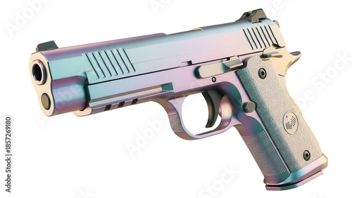 Canvas Print Iridescent pistol isolated PNG on transparent background, modern handgun with a