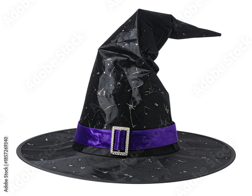 Shiny black witch hat with purple ribbon and silver buckle