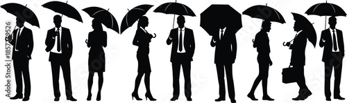 Collection of professional business people silhouettes holding umbrellas standing in rain for insurance protection financial security and rainy weather concepts.