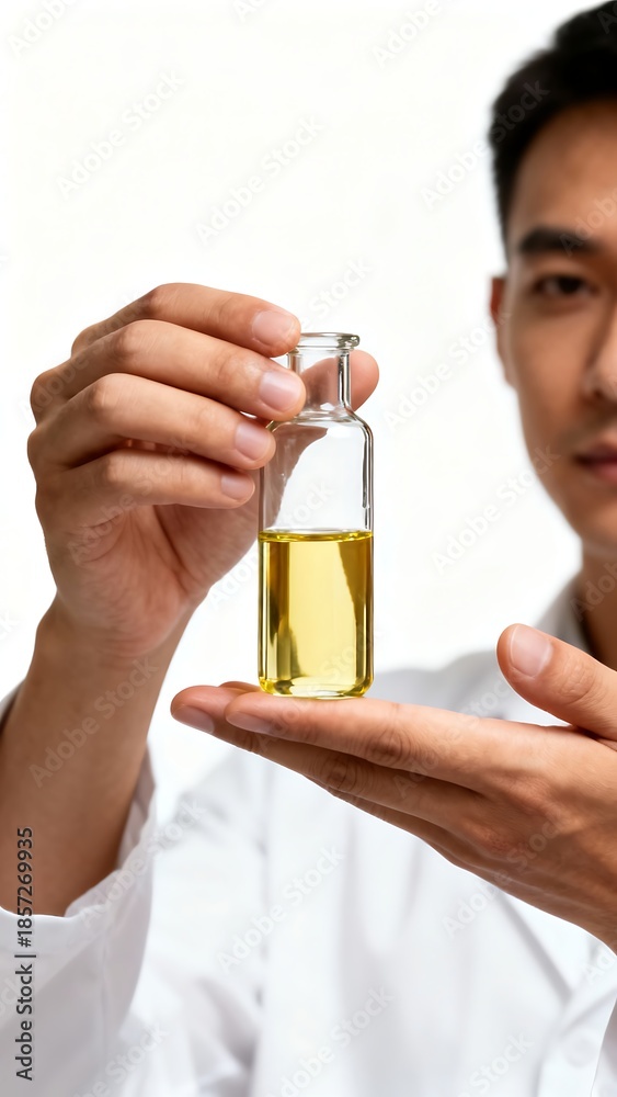 Fototapeta premium Generative AI depicting a scientist carefully holding a vial filled with yellow liquid for