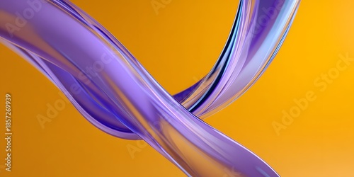 Abstract flowing ribbons of iridescent purple and violet light swirl and twist elegantly against a vibrant warm ochre yellow background creating a dynamic visual effect
