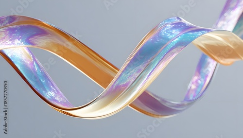 Abstract iridescent ribbon fluidly twisting and swirling with a soft gradient of pearlescent colors against a neutral background creating a sense of motion and elegance