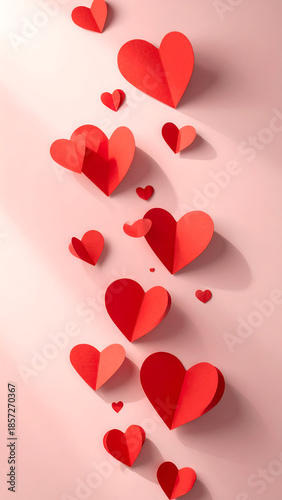 Romantic vertical background with red paper hearts falling gently, soft shadows, pastel color palette