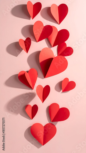 Romantic vertical background with red paper hearts falling gently, soft shadows, pastel color palette