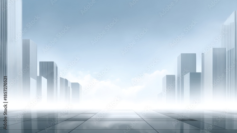Fototapeta premium Futuristic Cityscape with Glassy Reflections and Cloudy Blue Sky in a Minimalist Style for Technology and Landscape Concepts