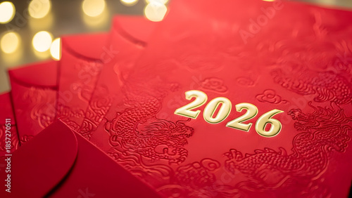 Vibrant red envelopes with golden 2026 embossed on Chinese New Year cards