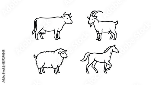 Set of four stylized line art icons representing common farm animals including a cow a goat a sheep and a horse for agricultural design elements