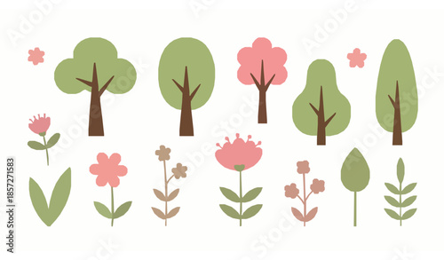 Hand drawn tree and flower vector set with flat botanical elements isolated on white background