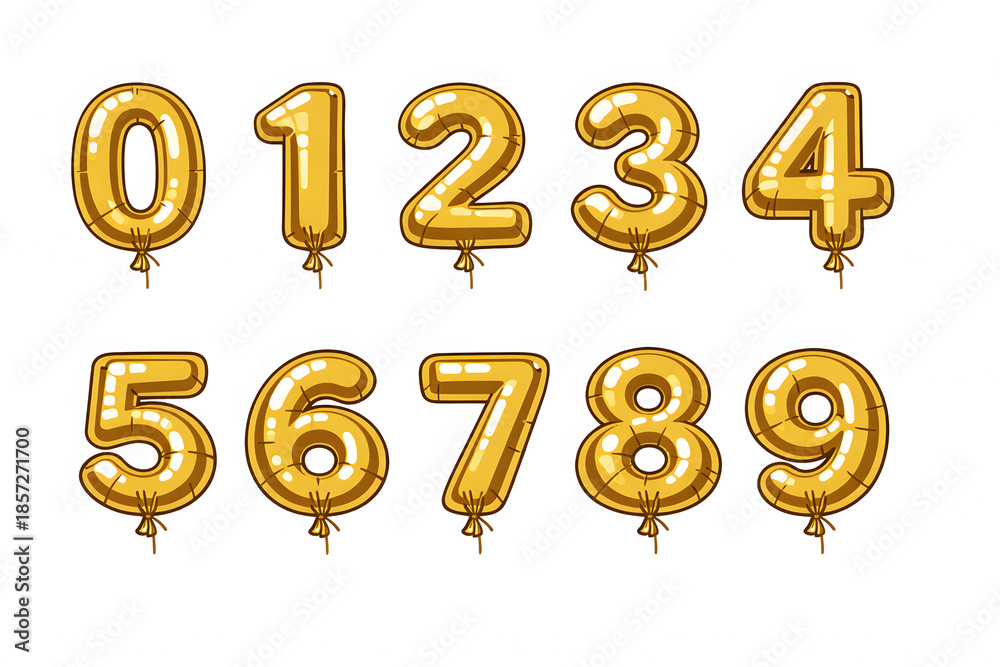 Obraz premium Golden Number Balloons: A set of ten golden number-shaped balloons, each representing a digit from zero to nine, playfully arranged and ready to bring a touch of festivity to any celebration.