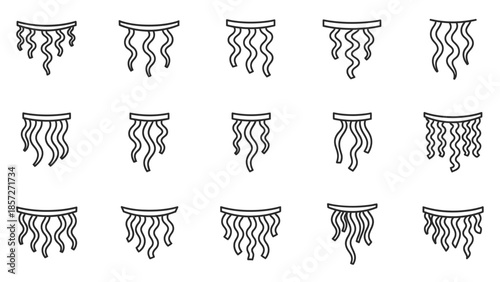 Collection of distinct black line art icons representing various styles of hanging tassels fringe or decorative streamers often used for borders or embellishments in design projects