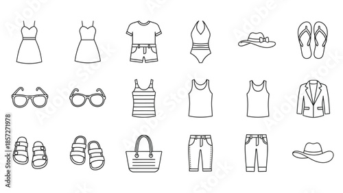 A collection of simple black outline icons representing various essential summer clothing items and accessories perfect for vacation packing or daily casual wear.