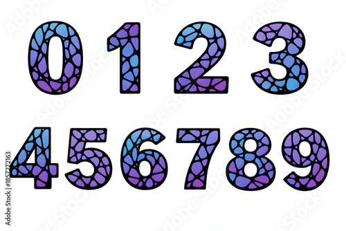 Stained-Glass Numbers: A captivating collection of numbers from zero to nine, designed in a stained-glass style, each digit shimmering with intricate patterns and vibrant hues.