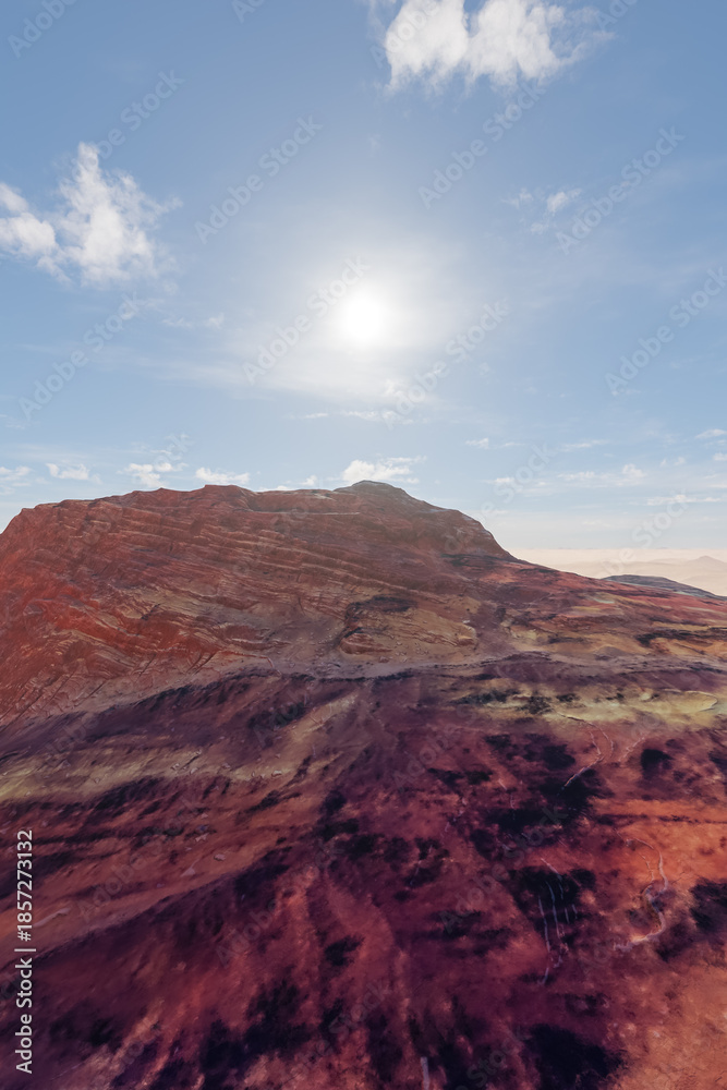Fototapeta premium Red Rock Desert Landscape Under Bright Sun With Clear Sky And Distant Dunes