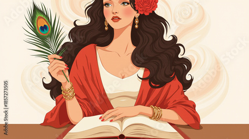 Elegant woman with a peacock feather and open book contemplating stories and beauty