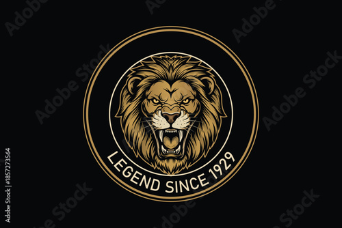 Golden lion logo with legend text on black background