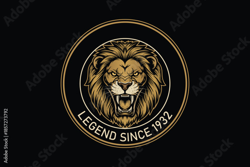 Golden lion logo with legend since 1932 on black background