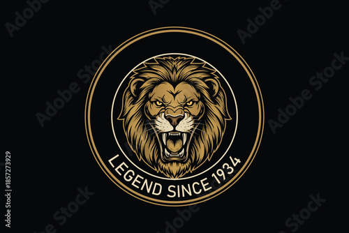 Legendary lion logo with golden mane and fierce expression