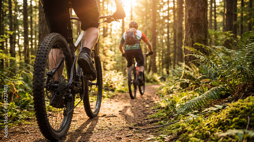 Mountain bike riders speed through forest. Bike trail glows in sunset light, bike adventure with two cyclists on dirt path, outdoor fitness for World Bicycle Day, summer travel theme