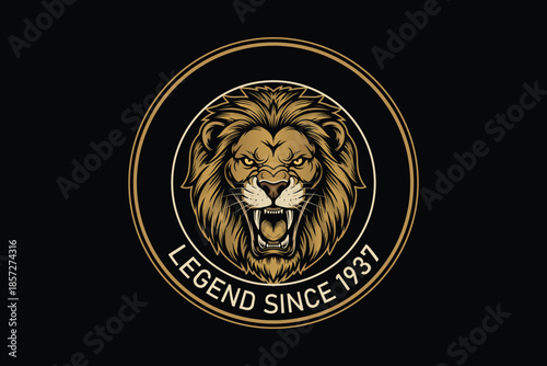 Golden lion head logo on black background with legend text
