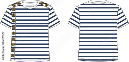 Nautical striped t shirt front back view cad drawing flat vector illustration marine fashion apparel technical design