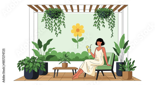 Woman Sitting on Green Chair Outdoors.