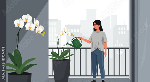 Woman watering plants on balcony.