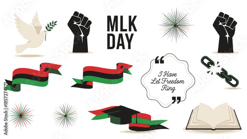 M L K Day celebration with fists, dove, book, and broken chains