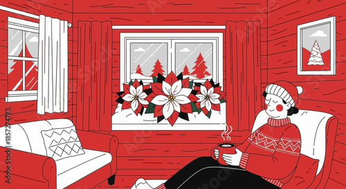 Woman Wearing Santa Hat Sitting Relaxed.