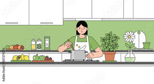 Woman wearing white apron cooking.