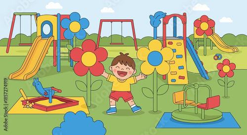 Happy child playing on playground equipment.