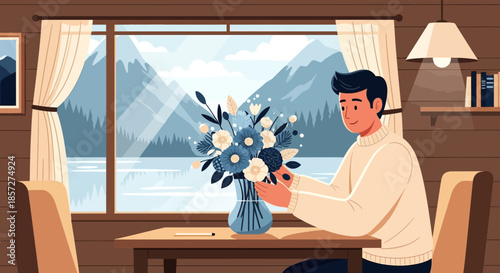 Man arranging flowers in a vase.