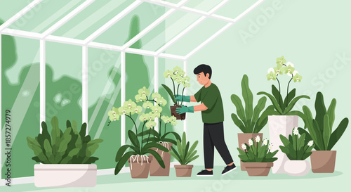 Man holding potted plant in greenhouse.