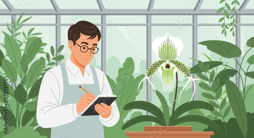 Man in apron using a tablet.