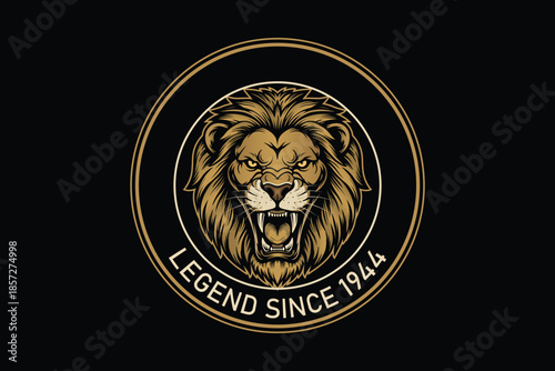 Golden lion head logo on black background with legend text