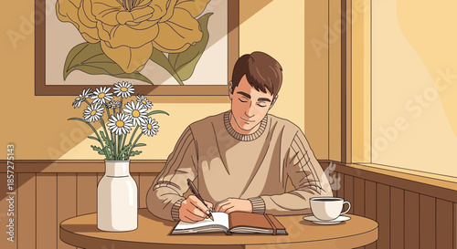 Man sitting at table writing book.