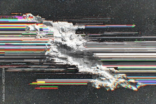 Glitchy white explosion in dark space with colorful lines
