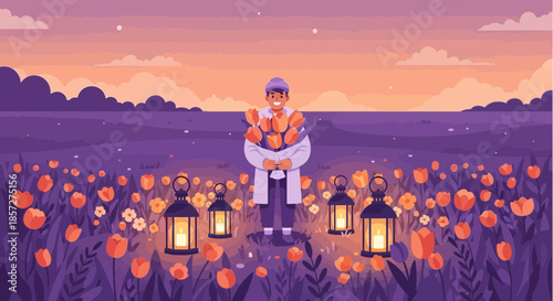 Man sitting in flower field relaxing.