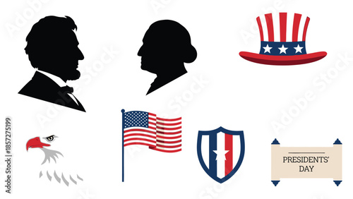 Presidents Day celebration with silhouettes flags and eagle profiles