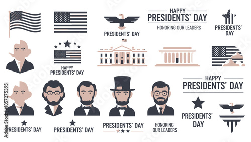 Presidents Day celebration with U S flags and historical figures