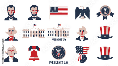Presidents Day themed with American symbols and historical figures Abraham Lincoln