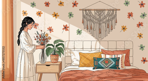 Woman holding bouquet of flowers indoors.