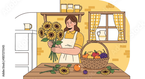 Woman holding bouquet of sunflowers indoors.