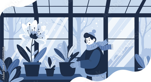 Woman holding potted plant in greenhouse.