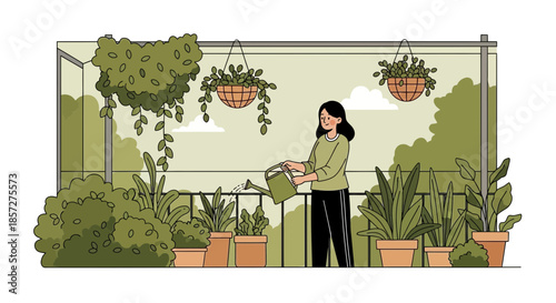 Woman holding potted plant indoors carefully.