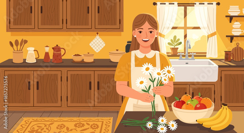 Woman holding white daisies in kitchen.