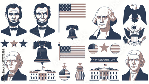 Presidents Day themed with historical figures and symbols Abraham Lincoln