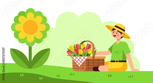 Woman in green shirt and hat.