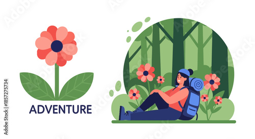 Woman Relaxing in Nature with Backpack.